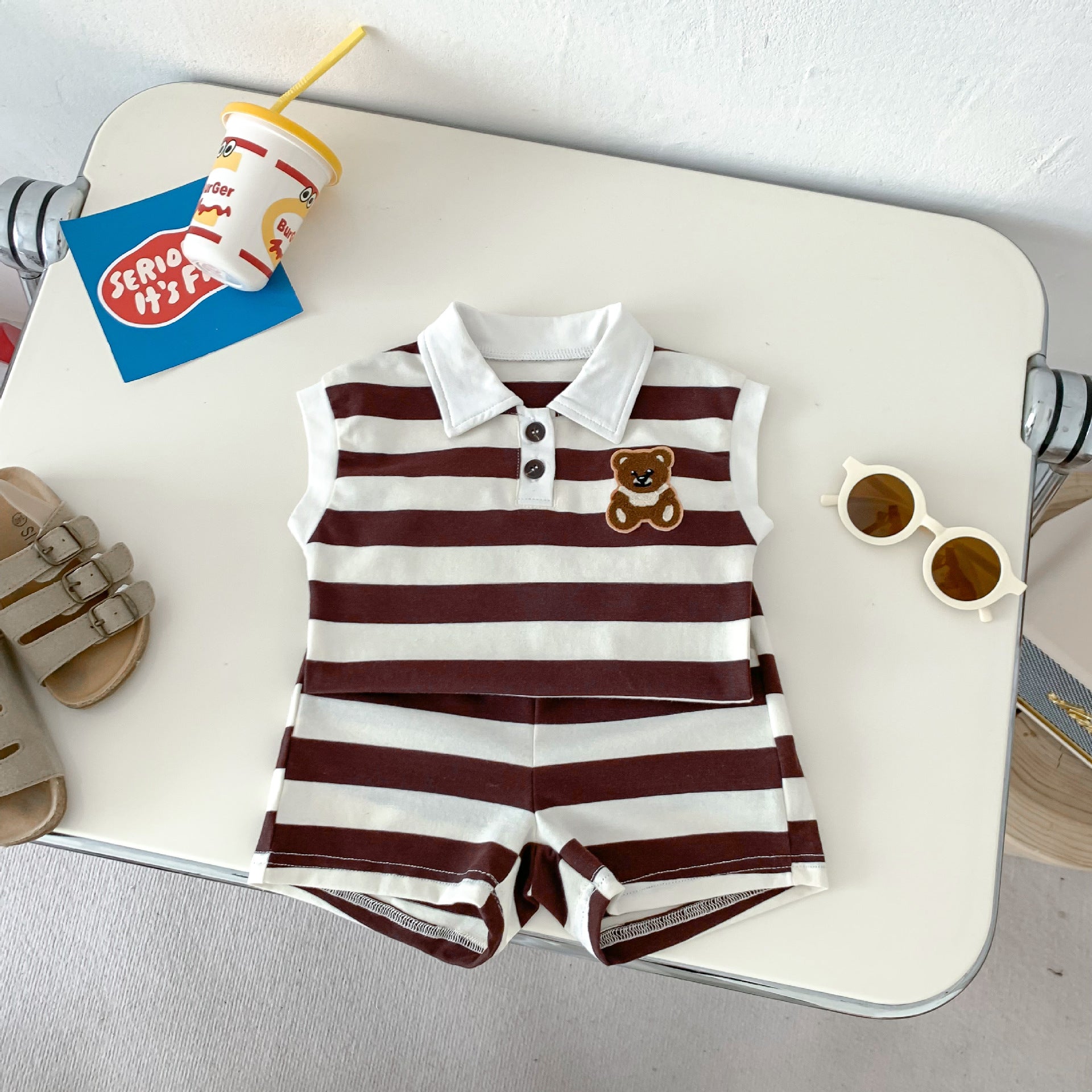 Baby Western Style Striped Lapel Bear Vest Shorts Set - Tiny Fashionista in a Bear Vest and Shorts Combo