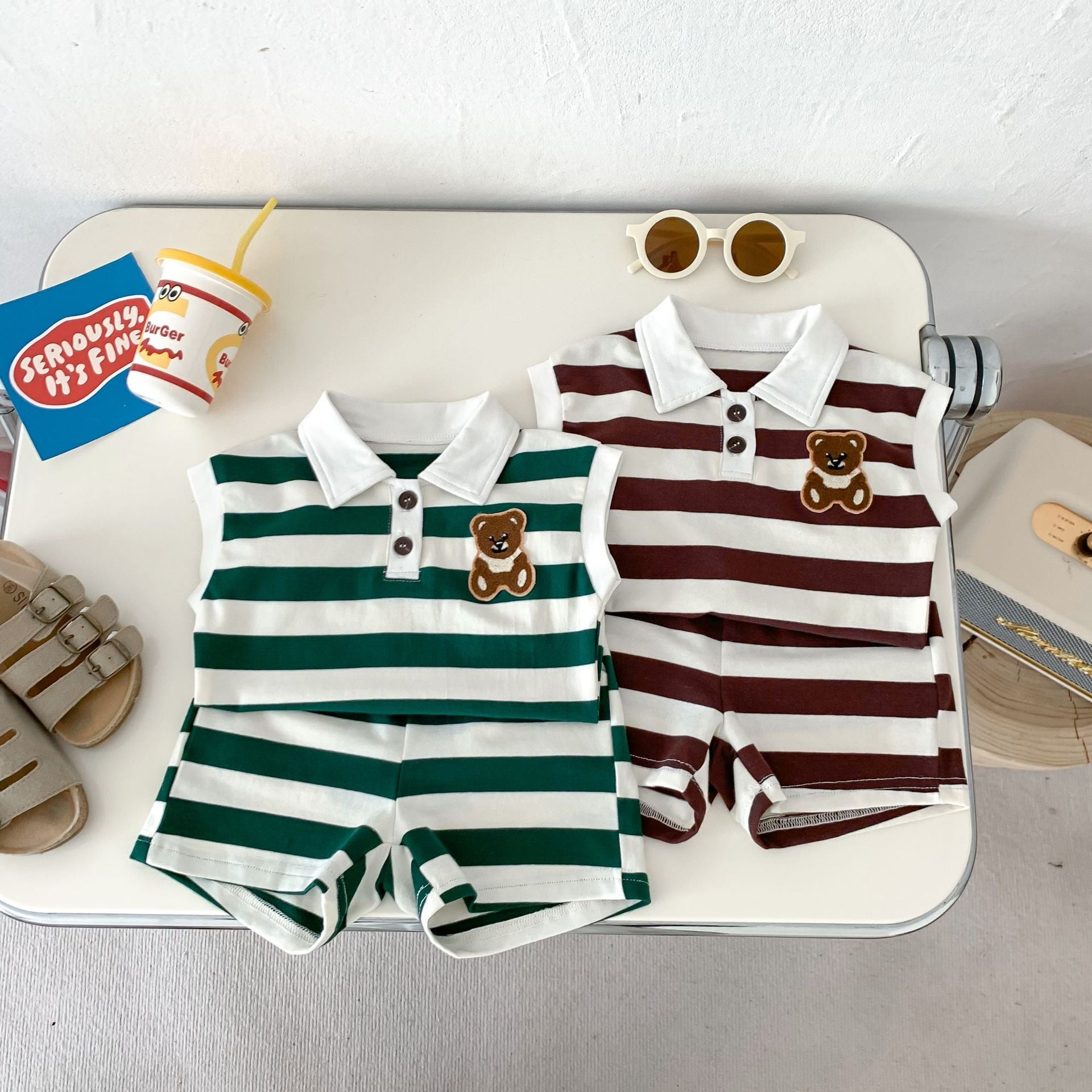 Baby Western Style Striped Lapel Bear Vest Shorts Set - Tiny Fashionista in a Bear Vest and Shorts Combo