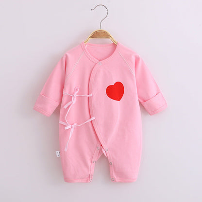 Baby’s Cotton Long-sleeved Lace-up Butterfly Jumpsuit - Baby’s Cotton Long-sleeved Jumpsuit with Red Heart