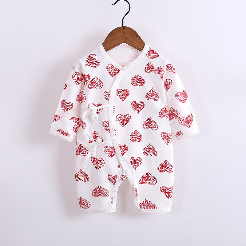 Baby’s Cotton Long-sleeved Lace-up Butterfly Jumpsuit - Baby’s Cotton Long-sleeved Jumpsuit with Red Heart