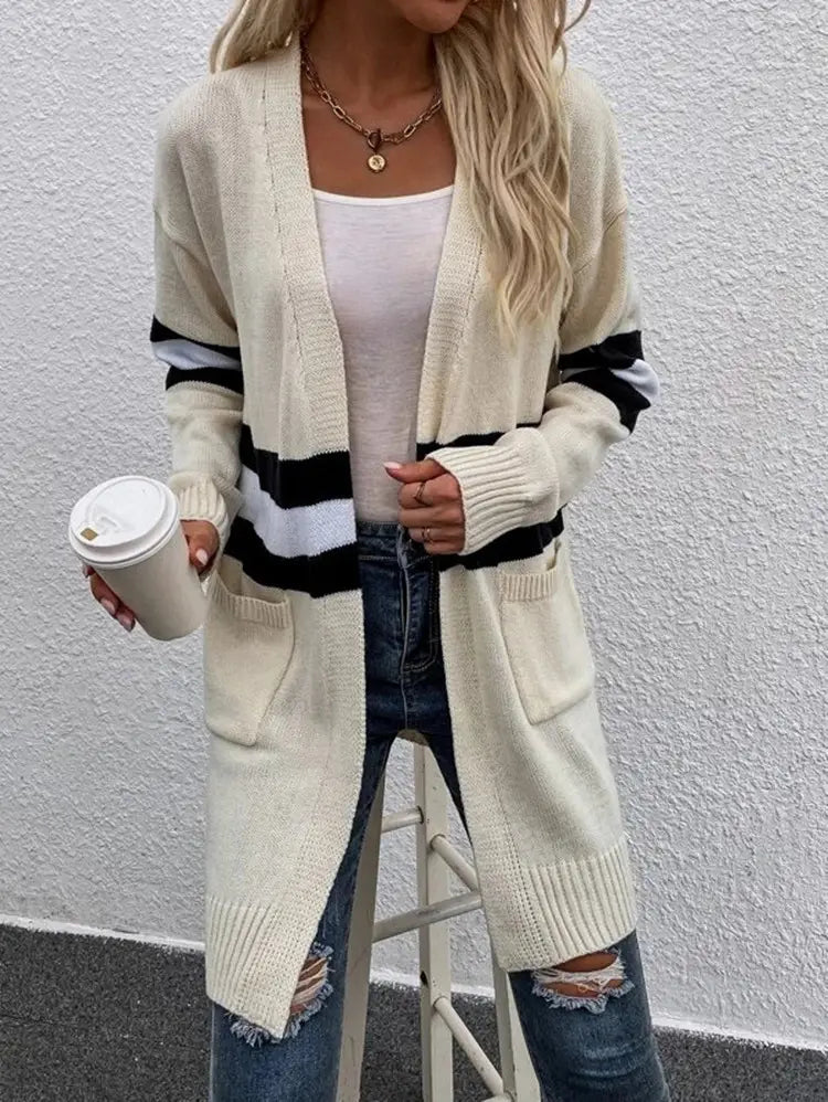 Contrast Color Striped Cardigan Gray Apricot Street Fashion Acrylic Sweater