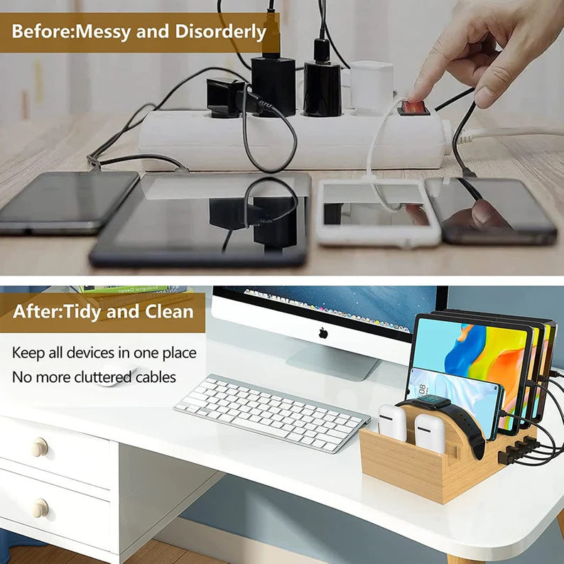 Bamboo Charger Bracket with Dual USB Ports and Apple Watch Charging Station - for All Your Output Needs bamboo charger
