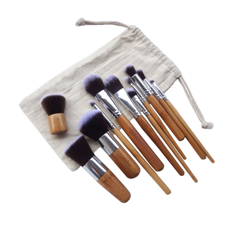 Bamboo Handle Makeup Brush Set with Storage Bag 11 Pieces - Teleplus bamboo handle makeup brush set