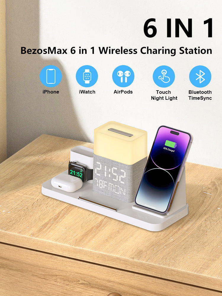 6-in-1 Wireless Charging Set Touch Night Light Mobile Phone Bluetooth Synchronization Time - Power Up with 6-in-1