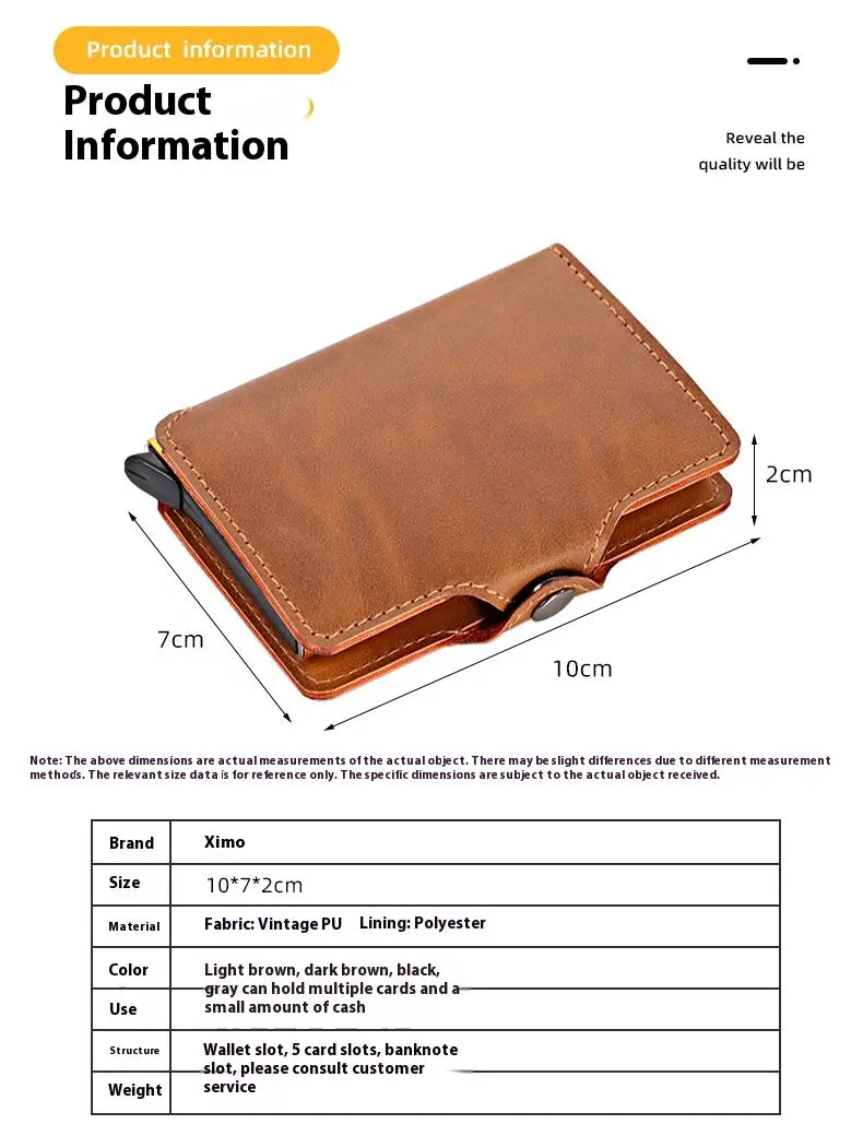 Sealbhóir Cárta Leathar Pu Ultra Solas d'fhir agus do mhná dubh nó donn dorcha