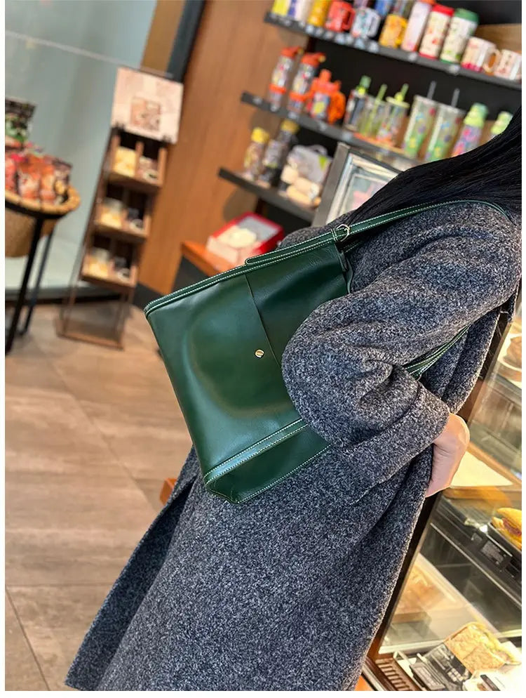 Genuine Leather Cowhide Tote Bag Square Handbag with Zipper Pocket for Women