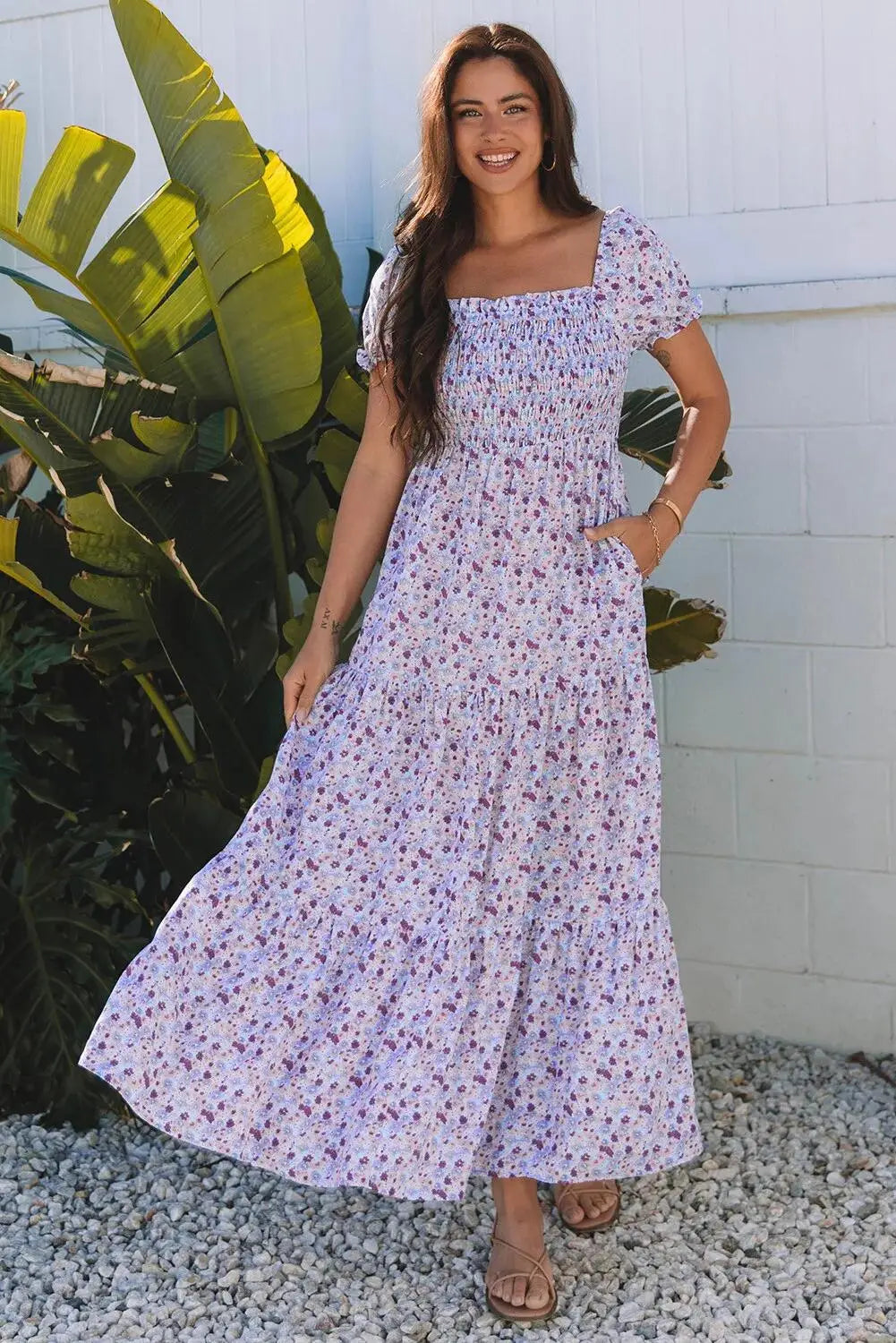 Purple Long Sleeve Maxi Dress Womens Sweet Summer Casual Polyester Skirt