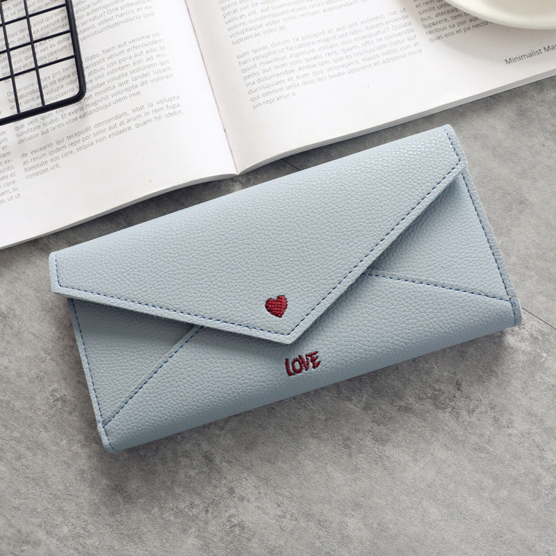 Women’s Long Heart-shaped Letter Embroidery Line 2 Fold Multifunctional Simple Wallet Student Multifunctional Wallet