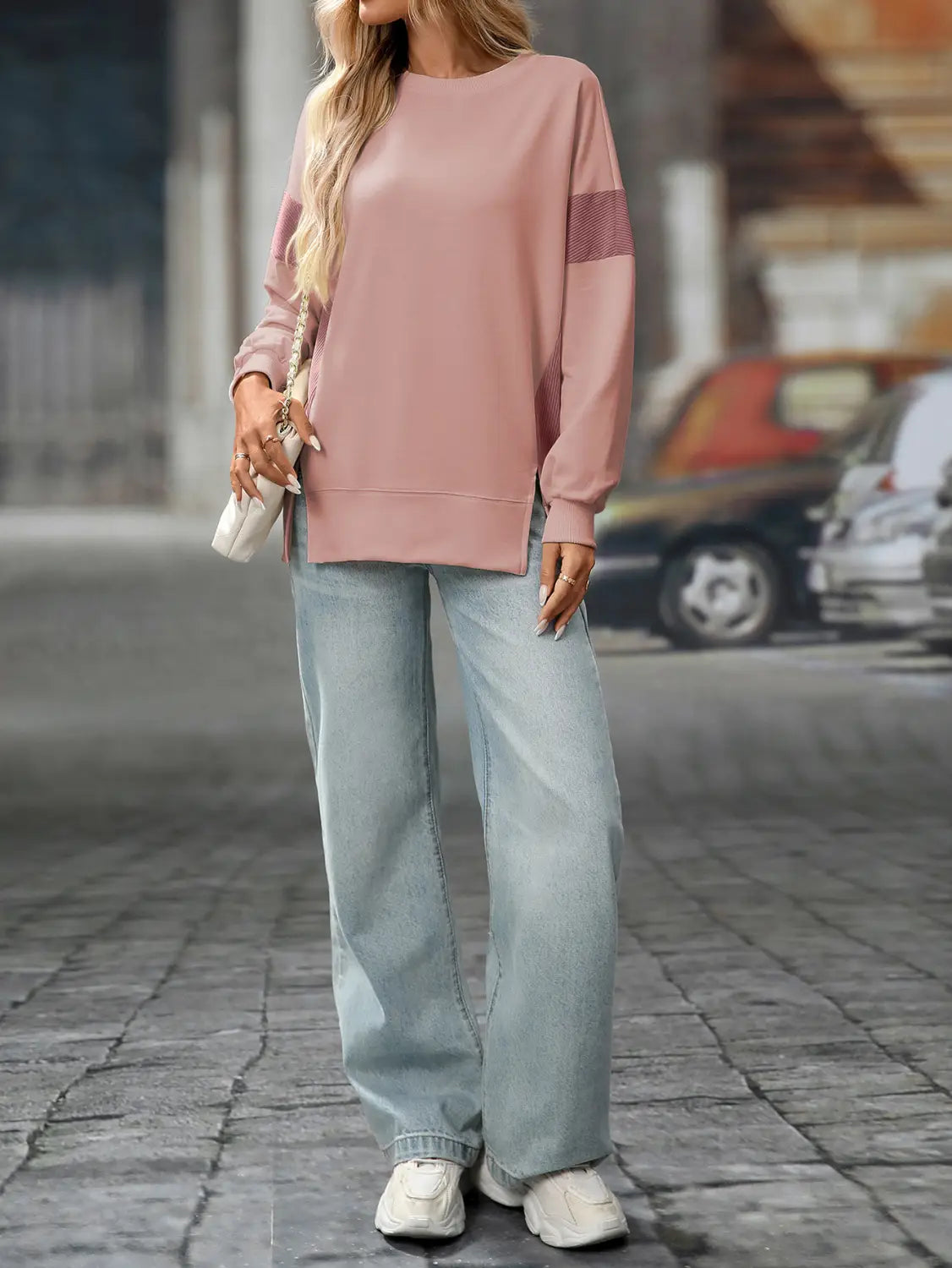 Moda de rua do suéter de pulôver colorida contraste do pescoço redondo para mulheres