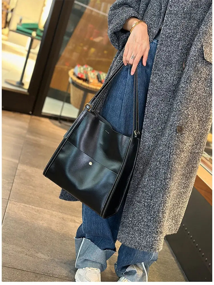 Genuine Leather Cowhide Tote Bag Square Handbag with Zipper Pocket for Women