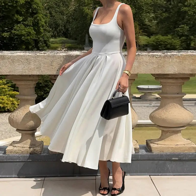 Sleeveless High Waist Midi Dress Milky White Black Blue Polyester S M L