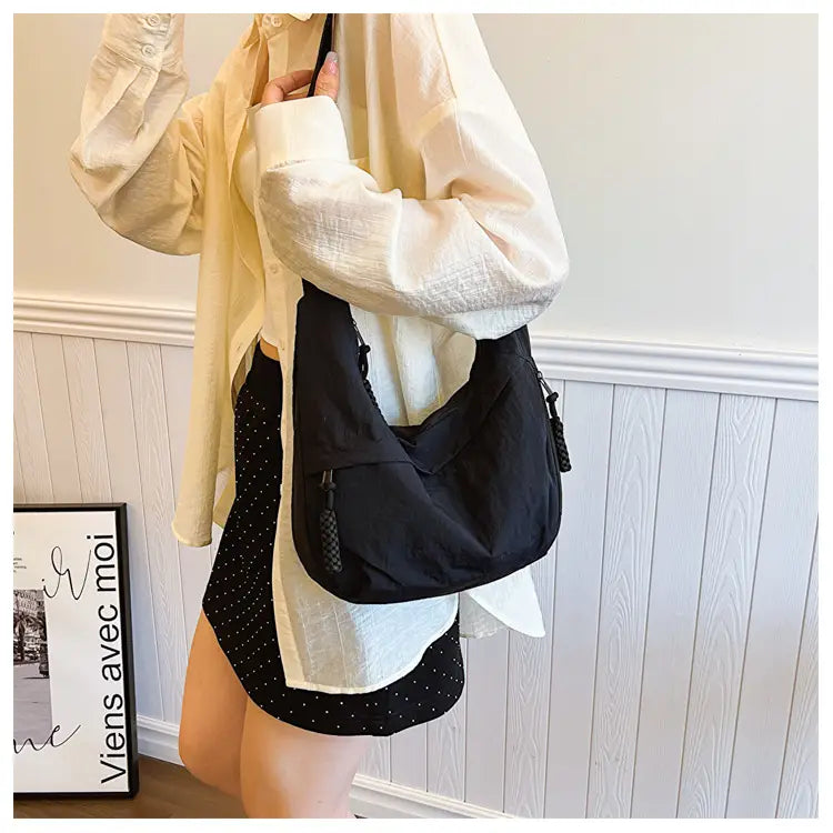 Nylon Messenger Bag Beige Black Travel Crossbody Shoulder Suitcase Purse