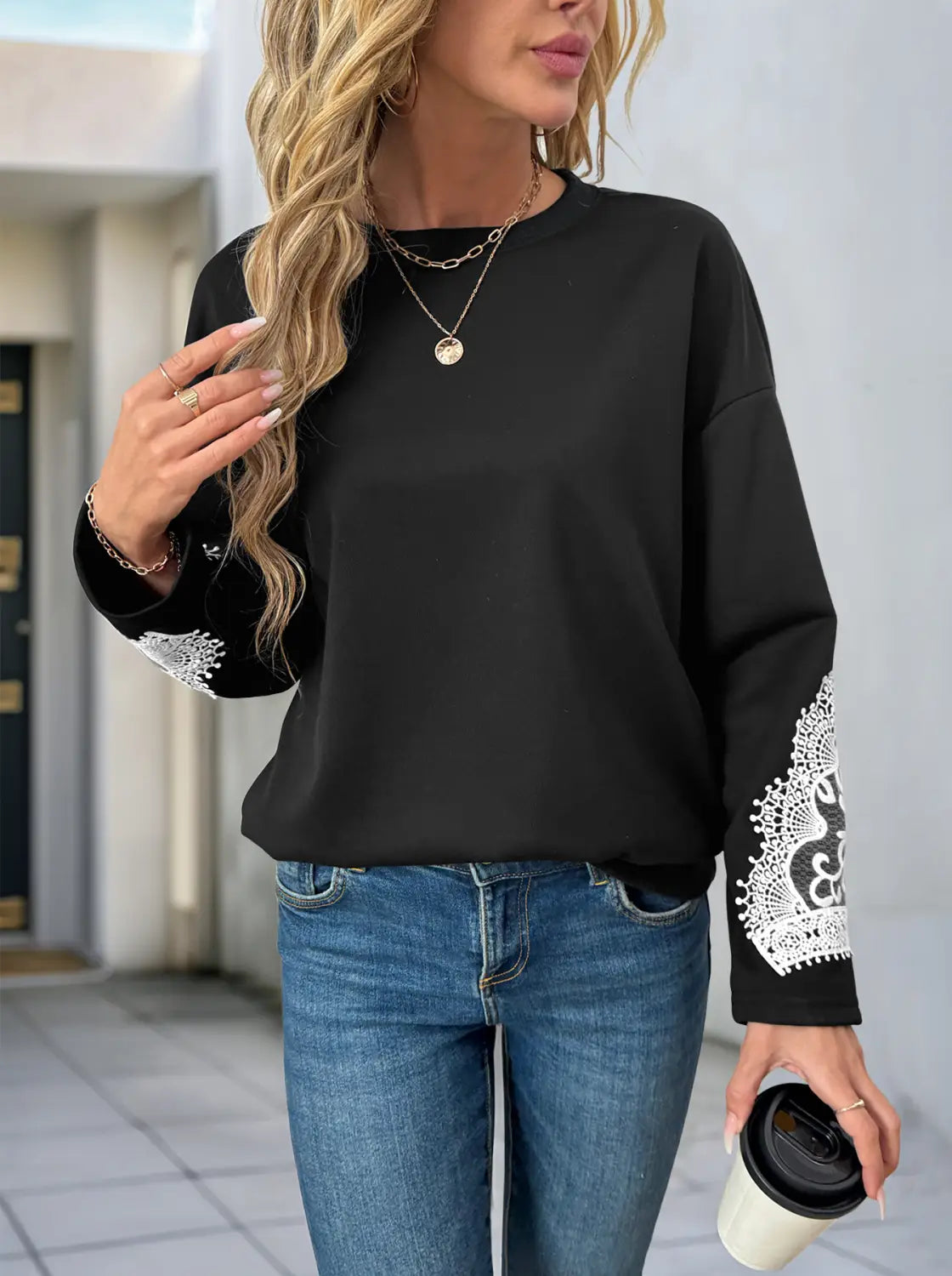 Black Lace Pullover cu mânecă lungă Casual Casual Femei Asiatice Dimensiuni S la XL
