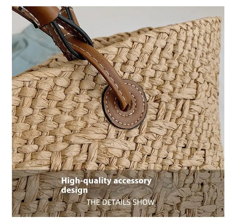Woven Seaside Beach Bag with Open Pocket and Portable Straw Design