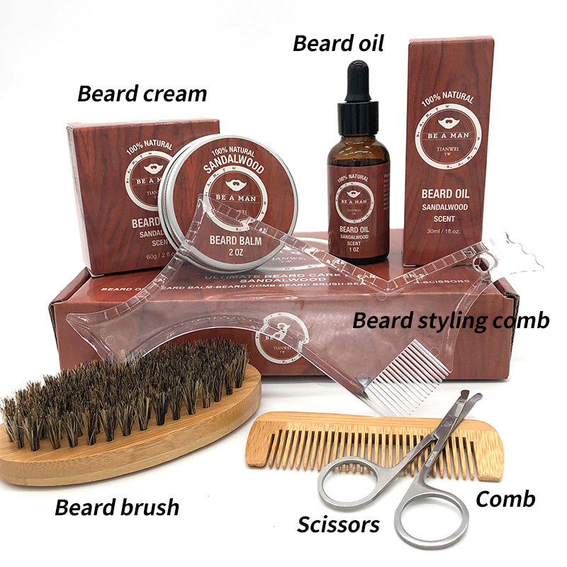 Beard Care Set with Sandalwood Scent and Bamboo Brush - Gift Box for Happy Beards Everywhere beard care set