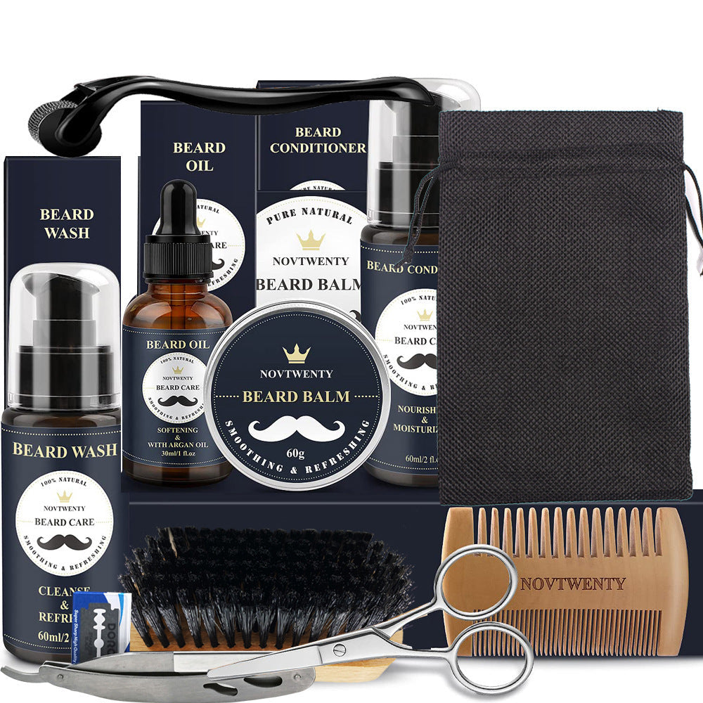 Beard Care Set with Micro Needle Roller Balsam and Pogonotomy Scissors - Teleplus care roller beard balsam brush