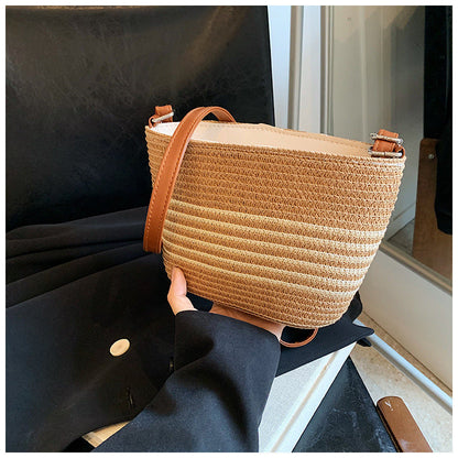 Beige and Khaki Retro Woven Bag with Bucket Design for Women - Teleplus retro woven bag