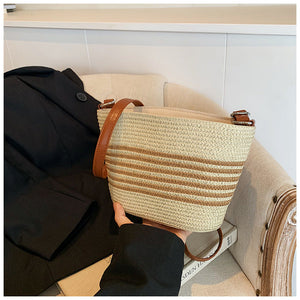 Beige and Khaki Retro Woven Bag with Bucket Design for Women - Teleplus retro woven bag