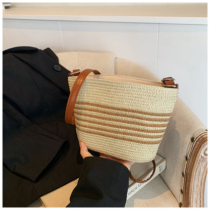 Beige and Khaki Retro Woven Bag with Bucket Design for Women - Teleplus retro woven bag