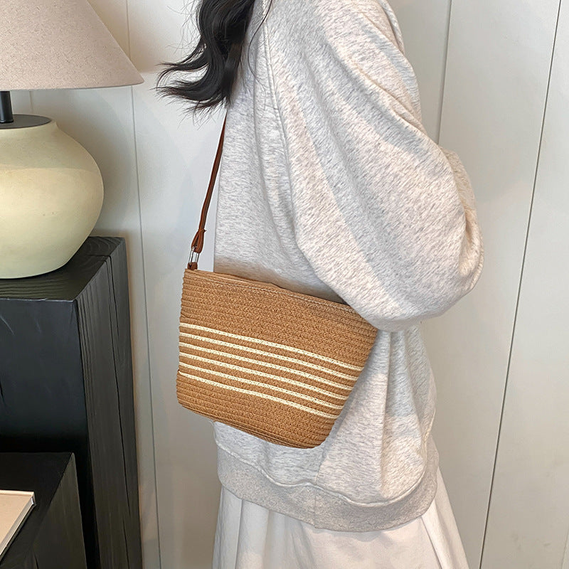 Beige and Khaki Retro Woven Bag with Bucket Design for Women - Teleplus retro woven bag