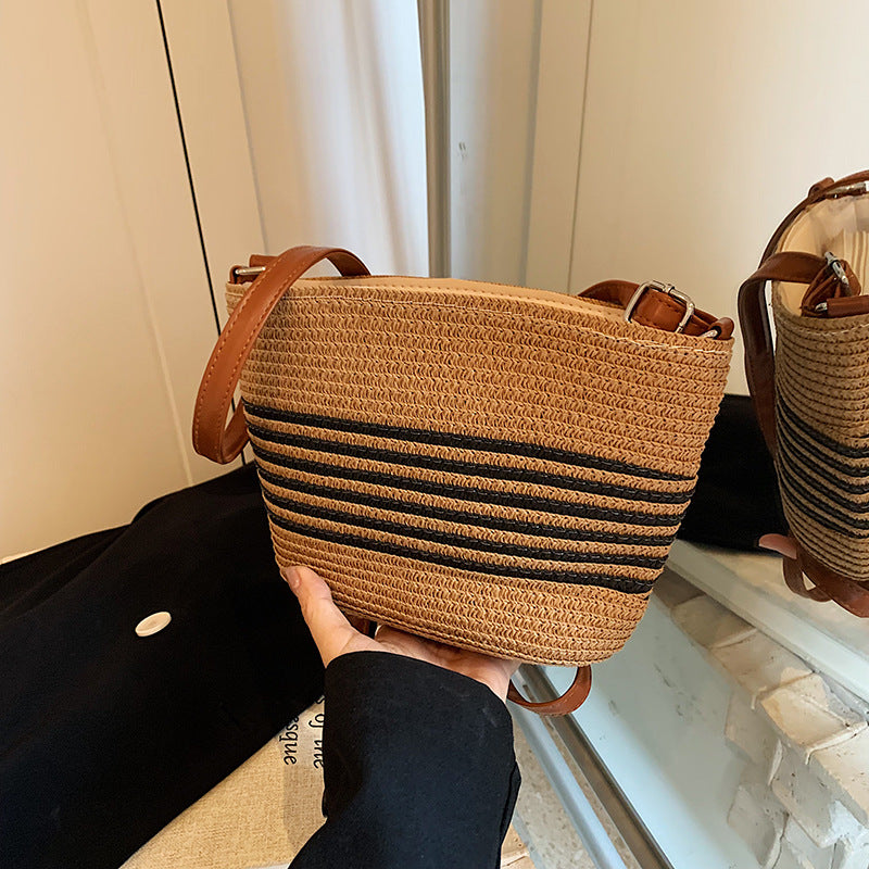 Beige and Khaki Retro Woven Bag with Bucket Design for Women - Teleplus retro woven bag