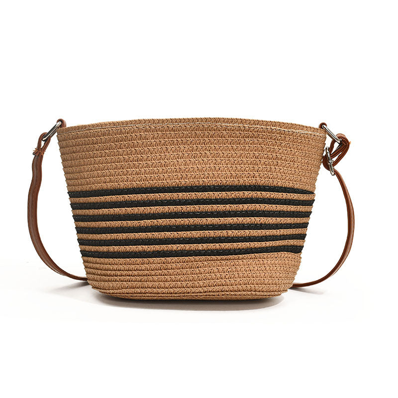 Beige and Khaki Retro Woven Bag with Bucket Design for Women - Teleplus retro woven bag