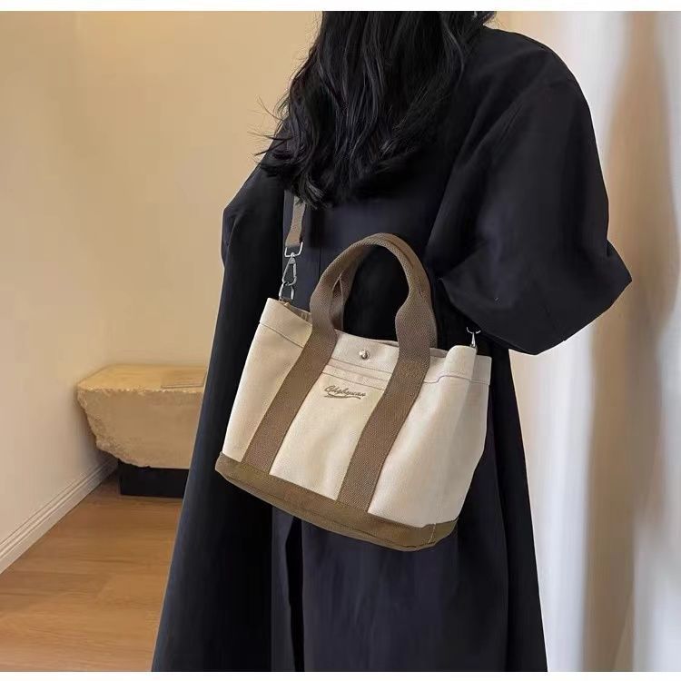 Beige Canvas Bucket Bag with Multiple Pockets Zipper Shoulder Design - Teleplus