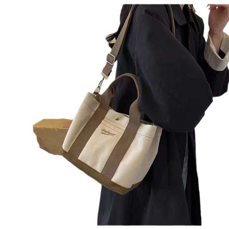 Beige Canvas Bucket Bag with Multiple Pockets Zipper Shoulder Design - Teleplus