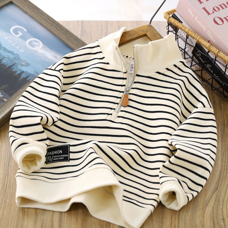 Beige Striped Zip Sweater for Men and Women with Polo Collar Fashion - Teleplus children casual polo collar fashion