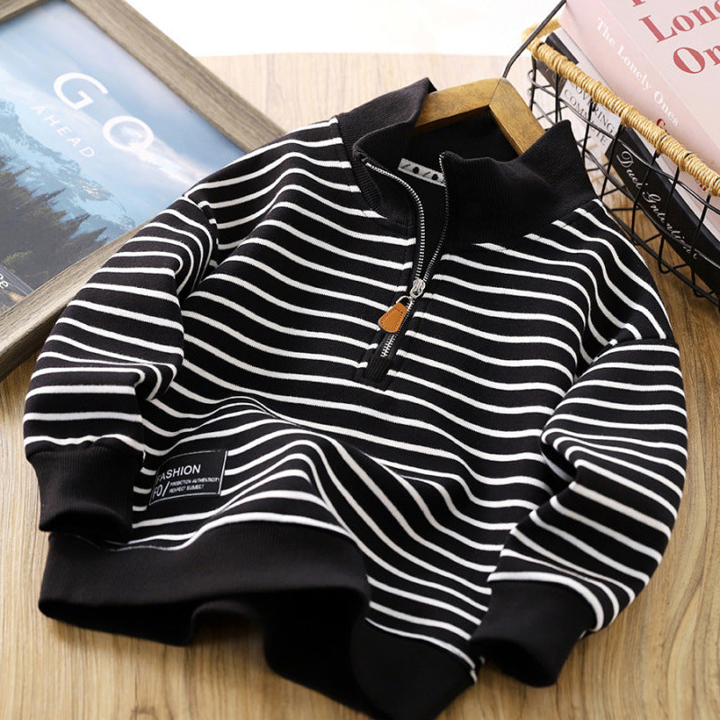 Beige Striped Zip Sweater for Men and Women with Polo Collar Fashion - Teleplus children casual polo collar fashion