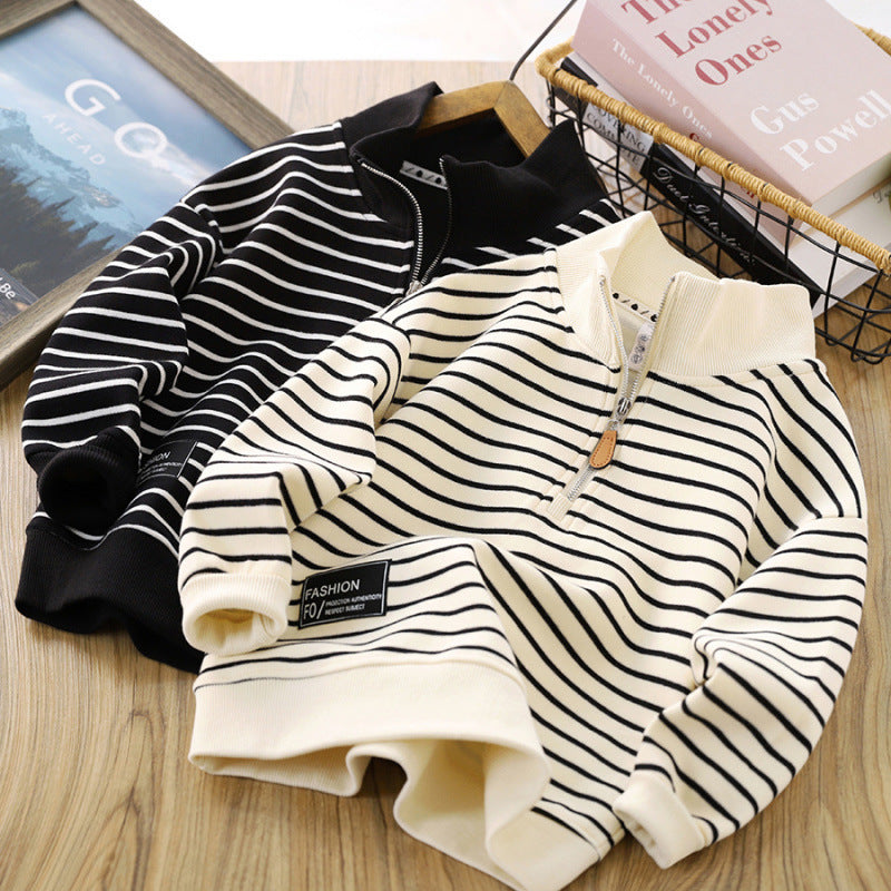 Beige Striped Zip Sweater for Men and Women with Polo Collar Fashion - Teleplus children casual polo collar fashion