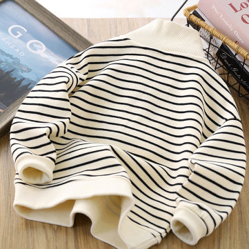 Beige Striped Zip Sweater for Men and Women with Polo Collar Fashion - Teleplus children casual polo collar fashion