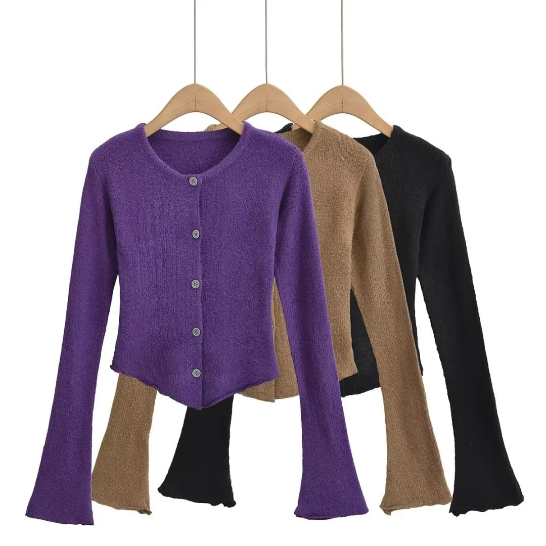 Bell Sleeve Plush Knit Cardigan Slim Fit Hipster Street Style Cotton - Teleplus bell sleeve