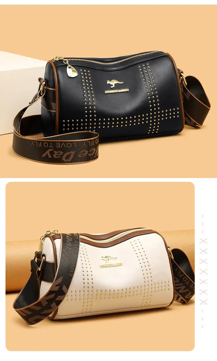 Color Contrast Patchwork Rivet Crossbody Bag with Soft Leather Shoulder Strap