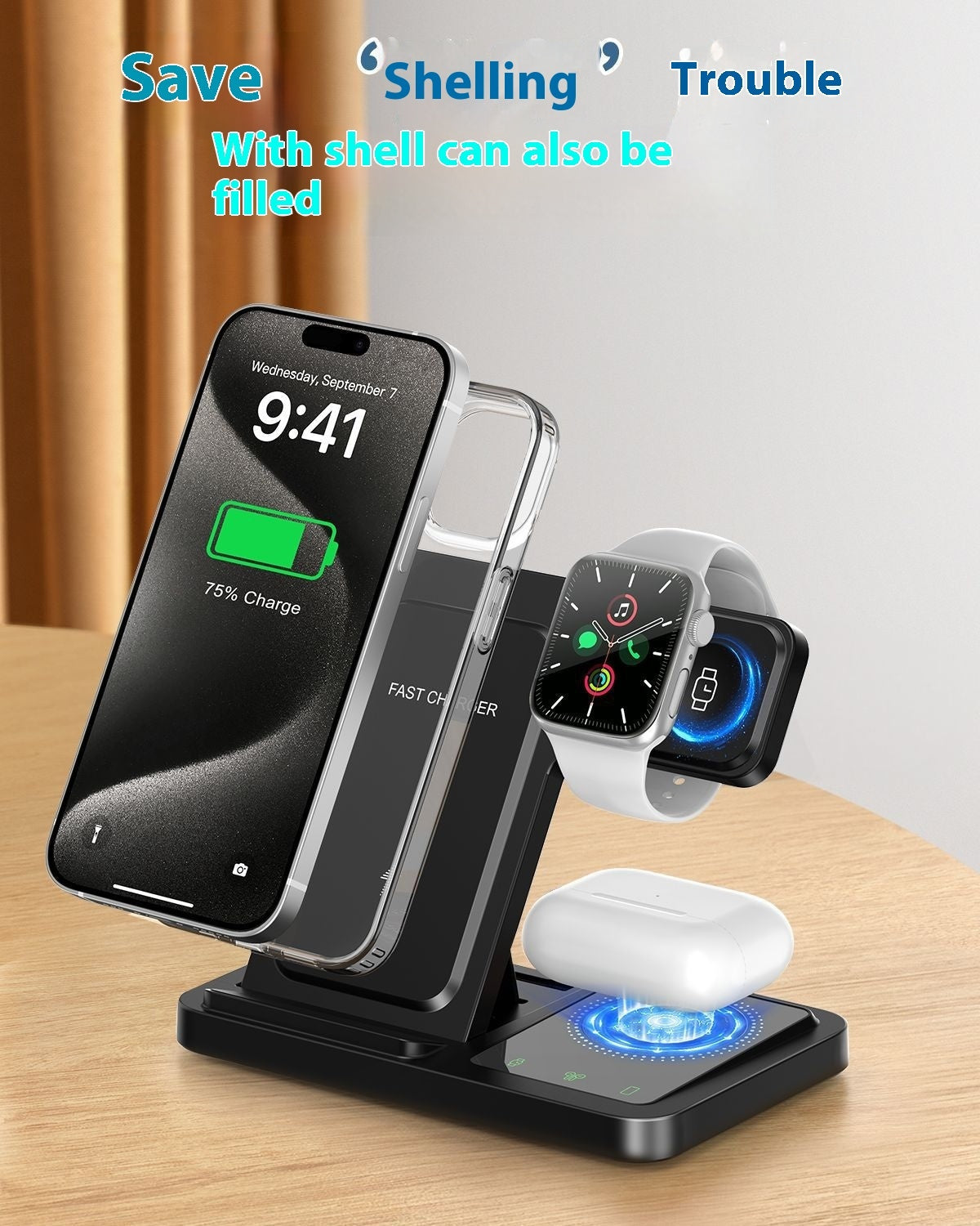 Black and White Adjustable Folding Phone Holder for iPhone 15 Charging Set - iphone15 charging set wireless charger