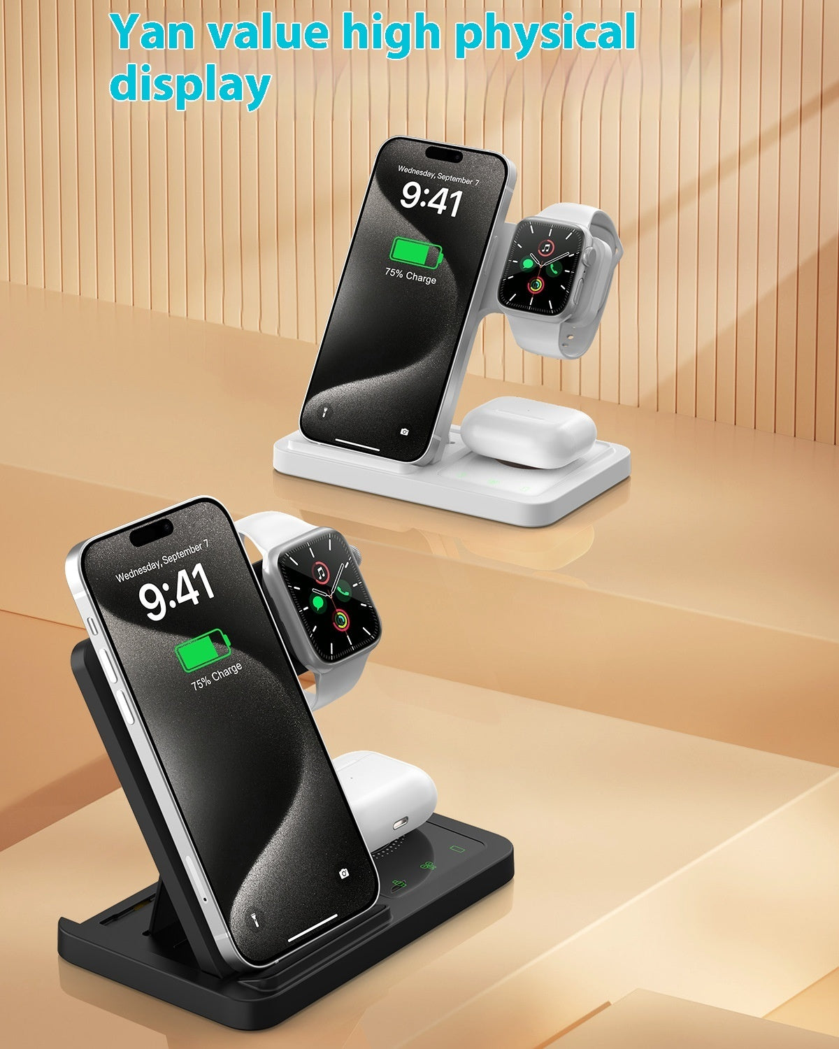 Black and White Adjustable Folding Phone Holder for iPhone 15 Charging Set - iphone15 charging set wireless charger