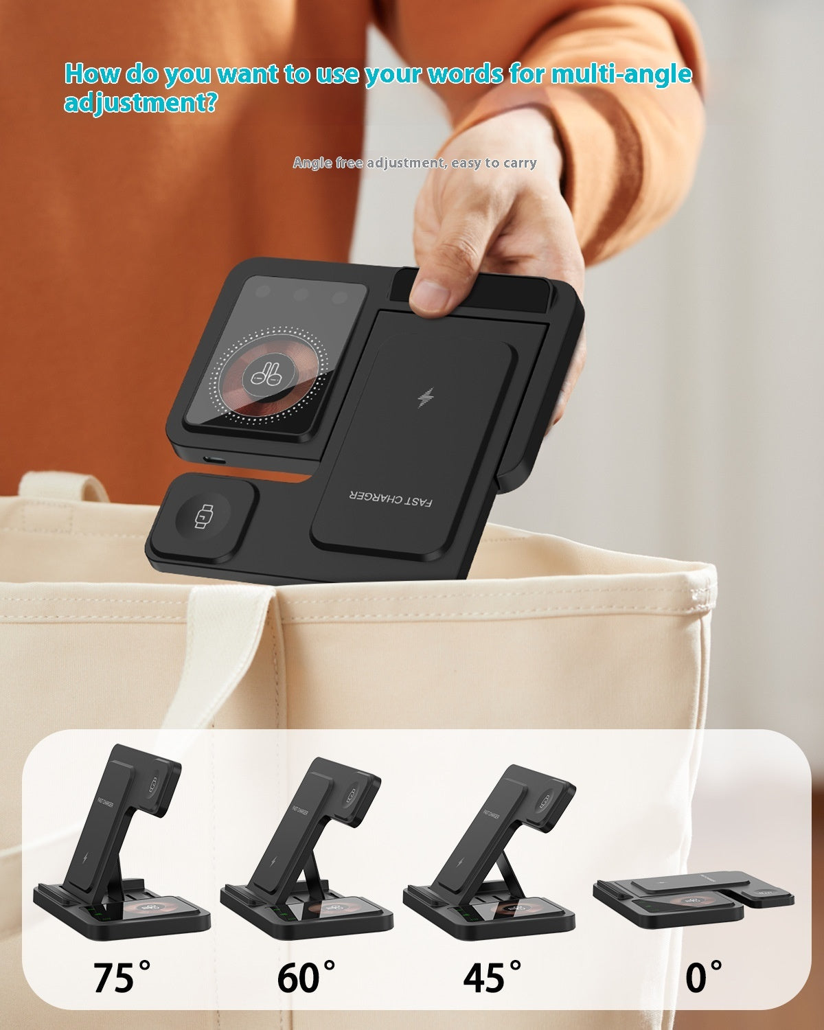 Black and White Adjustable Folding Phone Holder for iPhone 15 Charging Set - iphone15 charging set wireless charger