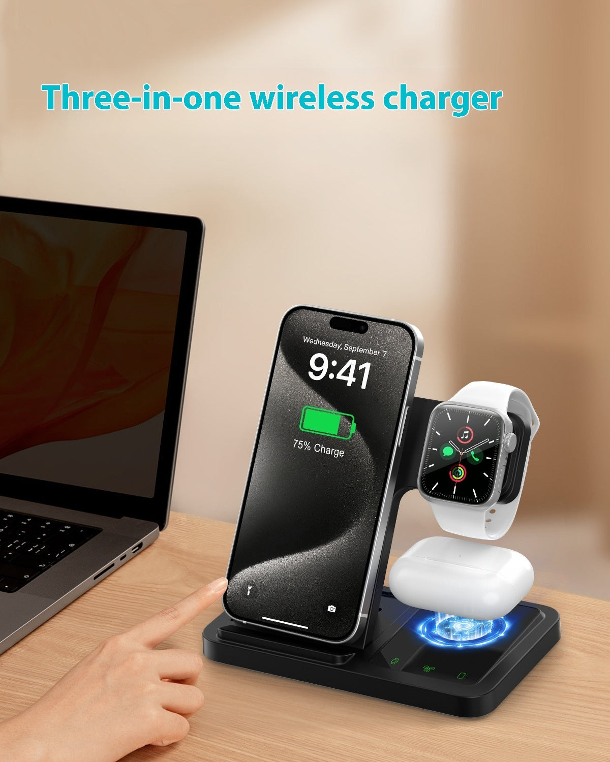 Black and White Adjustable Folding Phone Holder for iPhone 15 Charging Set - iphone15 charging set wireless charger