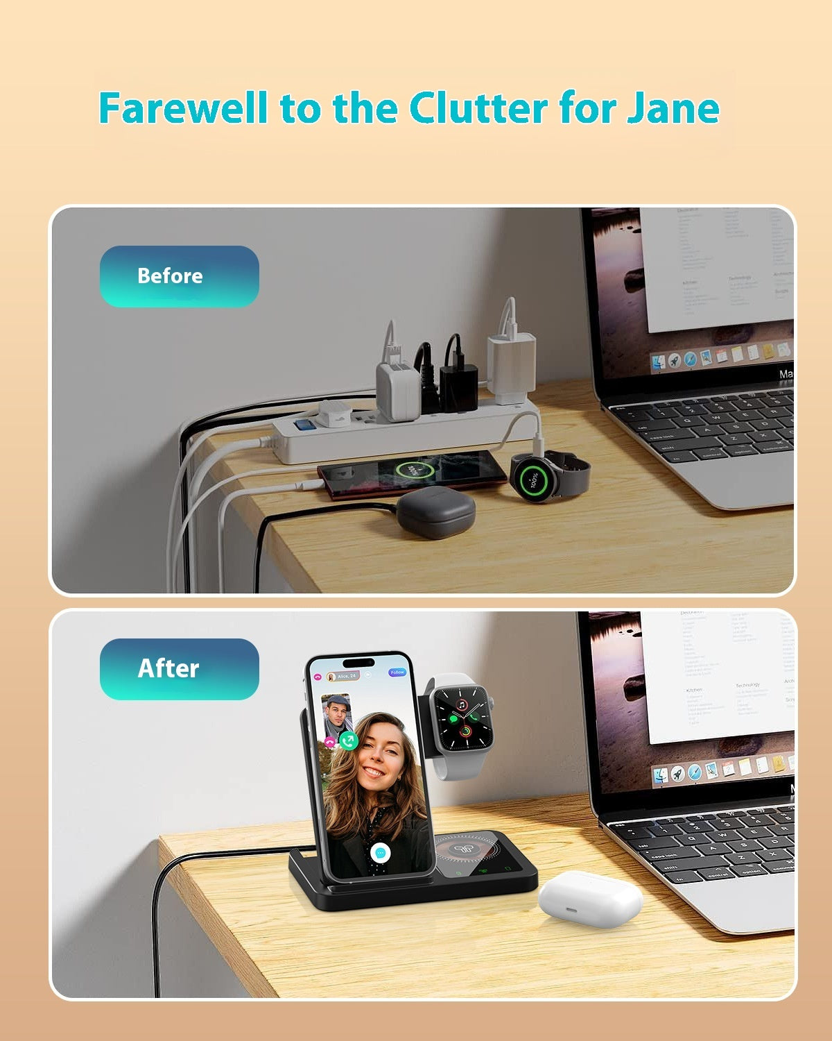 Black and White Adjustable Folding Phone Holder for iPhone 15 Charging Set - iphone15 charging set wireless charger