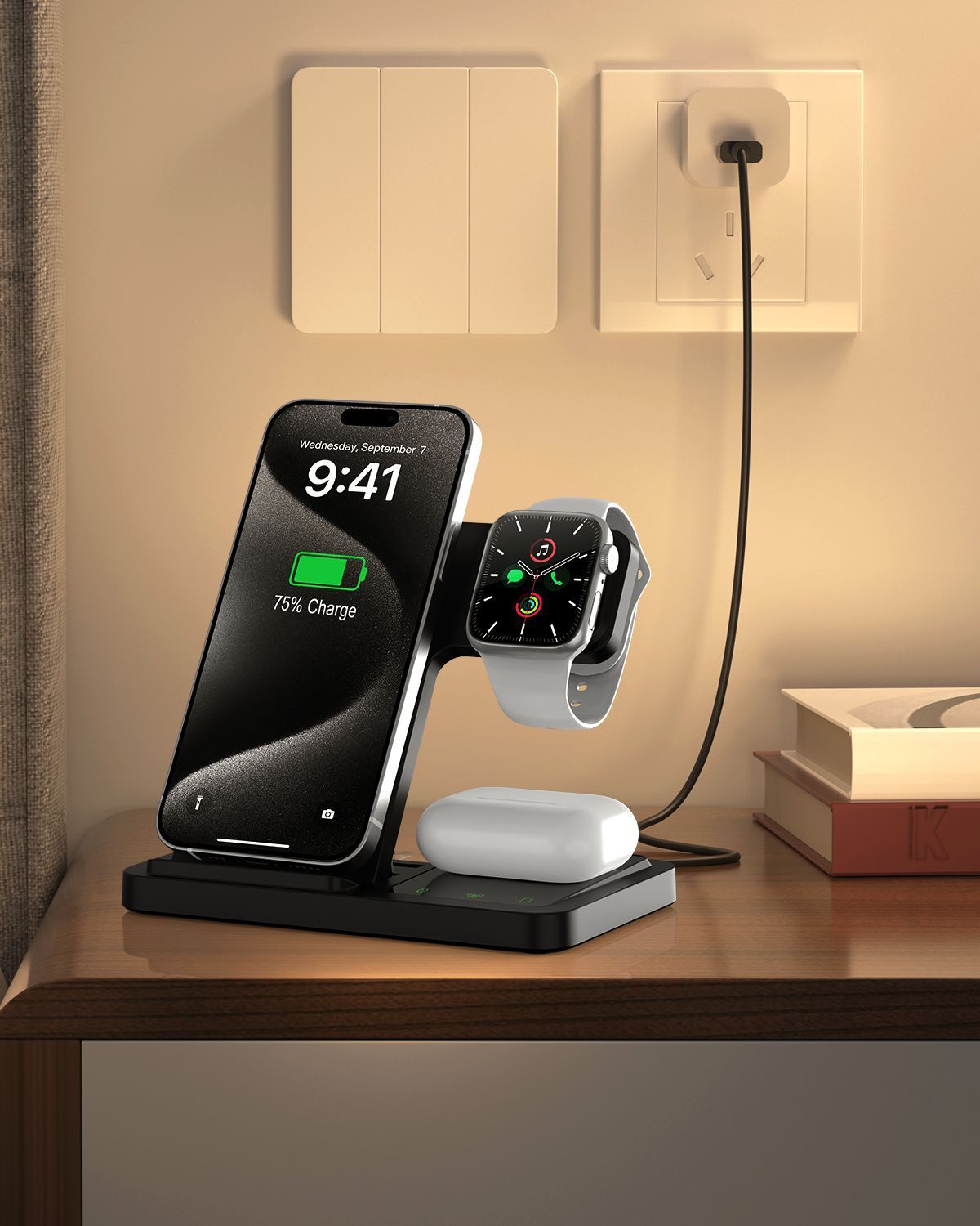 Black and White Adjustable Folding Phone Holder for iPhone 15 Charging Set - iphone15 charging set wireless charger