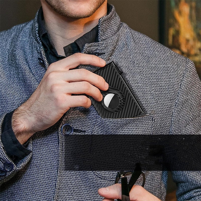 Black Anti-Theft Card Holder with Genuine Leather and Carbon Fiber Design - Steal This Stylish Today united states chf