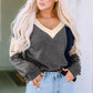 Black Brushed Contrast Knit V Neck Colorblock Long Sleeve Top