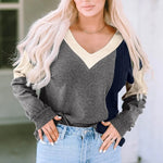 Black Brushed Contrast Knit V Neck Colorblock Long Sleeve Top