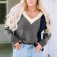 Black Brushed Contrast Knit V Neck Colorblock Long Sleeve Top