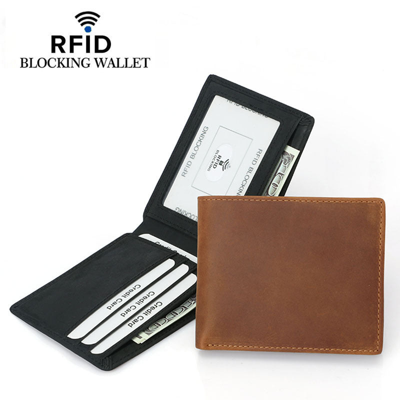 Black Crazy Horse Leather Short Wallet for Men in the United States - Sleek That Laughs at Thieves with RFID Magic