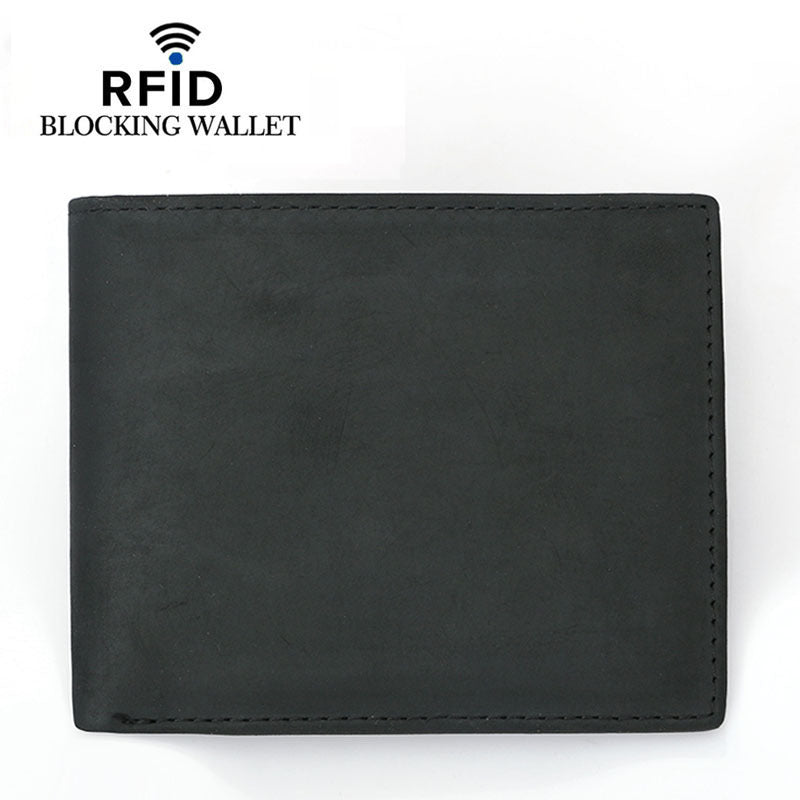 Black Crazy Horse Leather Short Wallet for Men in the United States - Sleek That Laughs at Thieves with RFID Magic