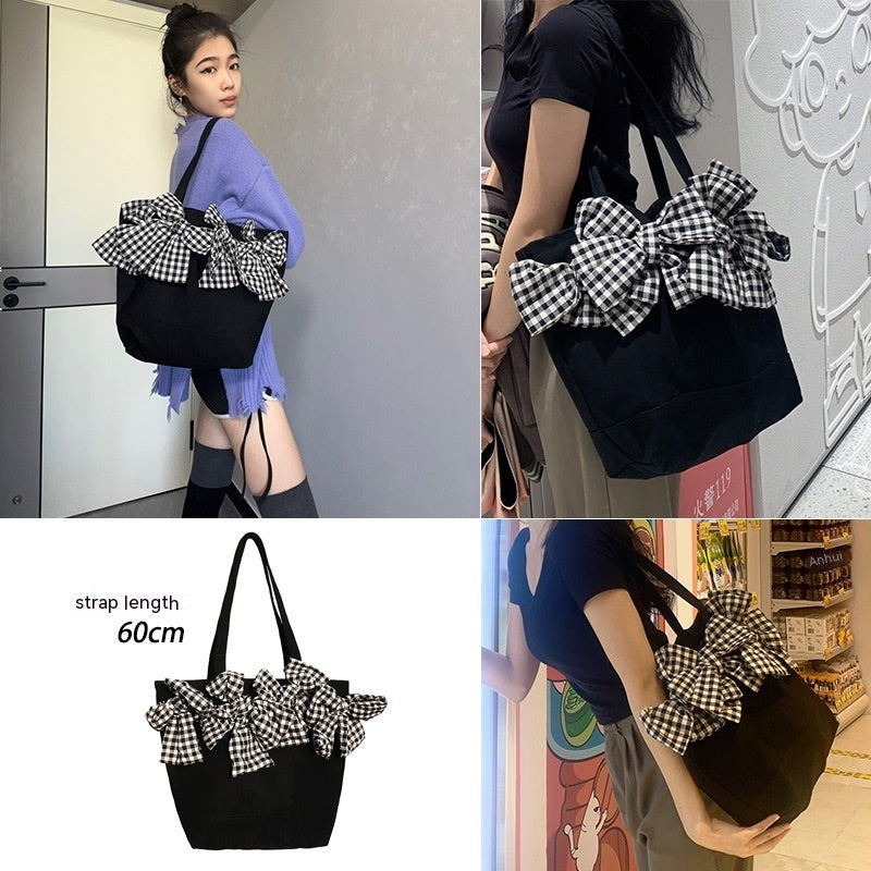 Black Crossbody Bag with Plaid Big Bow for Travel and Leisure - Teleplus Design plaid big bow crossbody bag