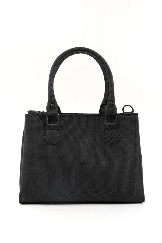 Black Faux Leather Zippered Handbag with 3 Compartments Adjustable Strap Hand Arm and Shoulder Bag