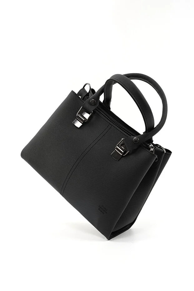 Black Faux Leather Zippered Handbag with 3 Compartments Adjustable Strap Hand Arm and Shoulder Bag