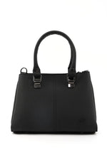 Black Faux Leather Zippered Handbag with 3 Compartments Adjustable Strap Hand Arm and Shoulder Bag